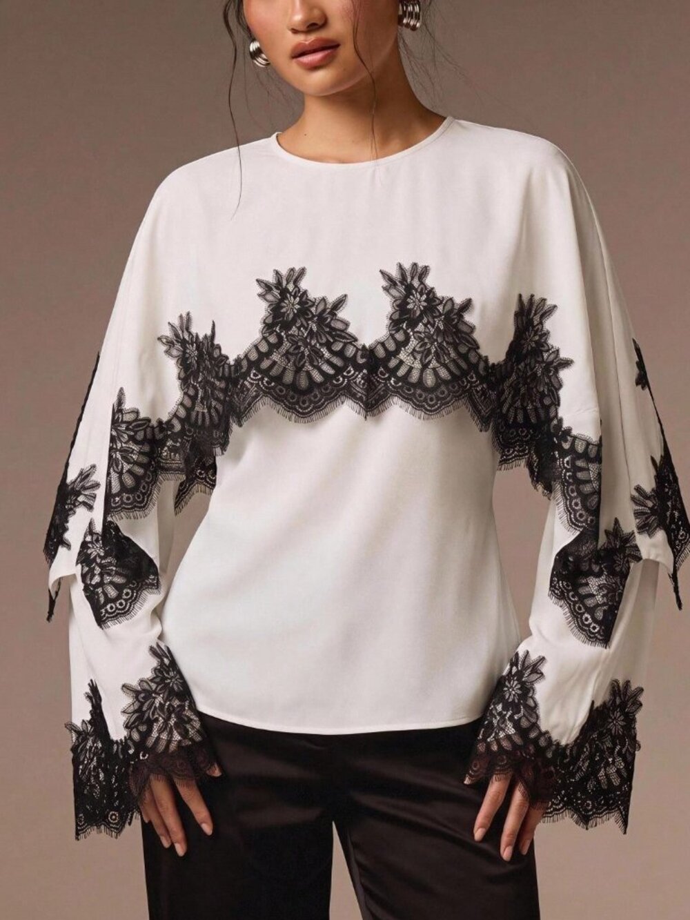 Black And White Elegant Women's Contrast Color Lace detailed Blouse - Picture 1 of 7